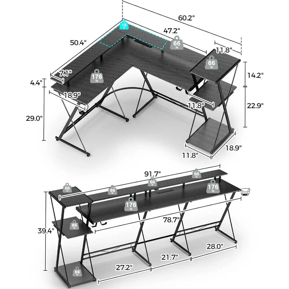 L Shaped Gaming Desk with LED Lights