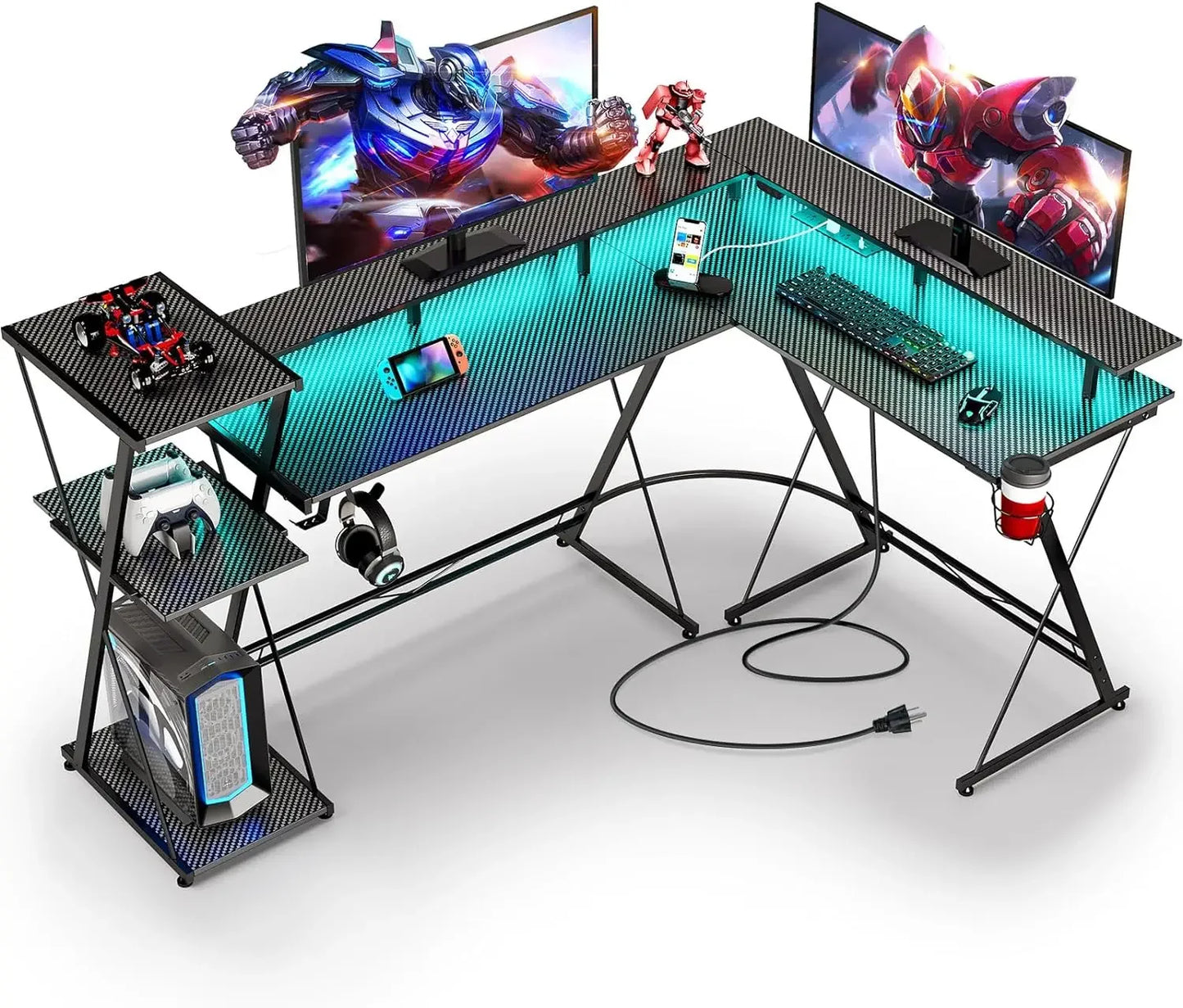 L Shaped Gaming Desk with LED Lights