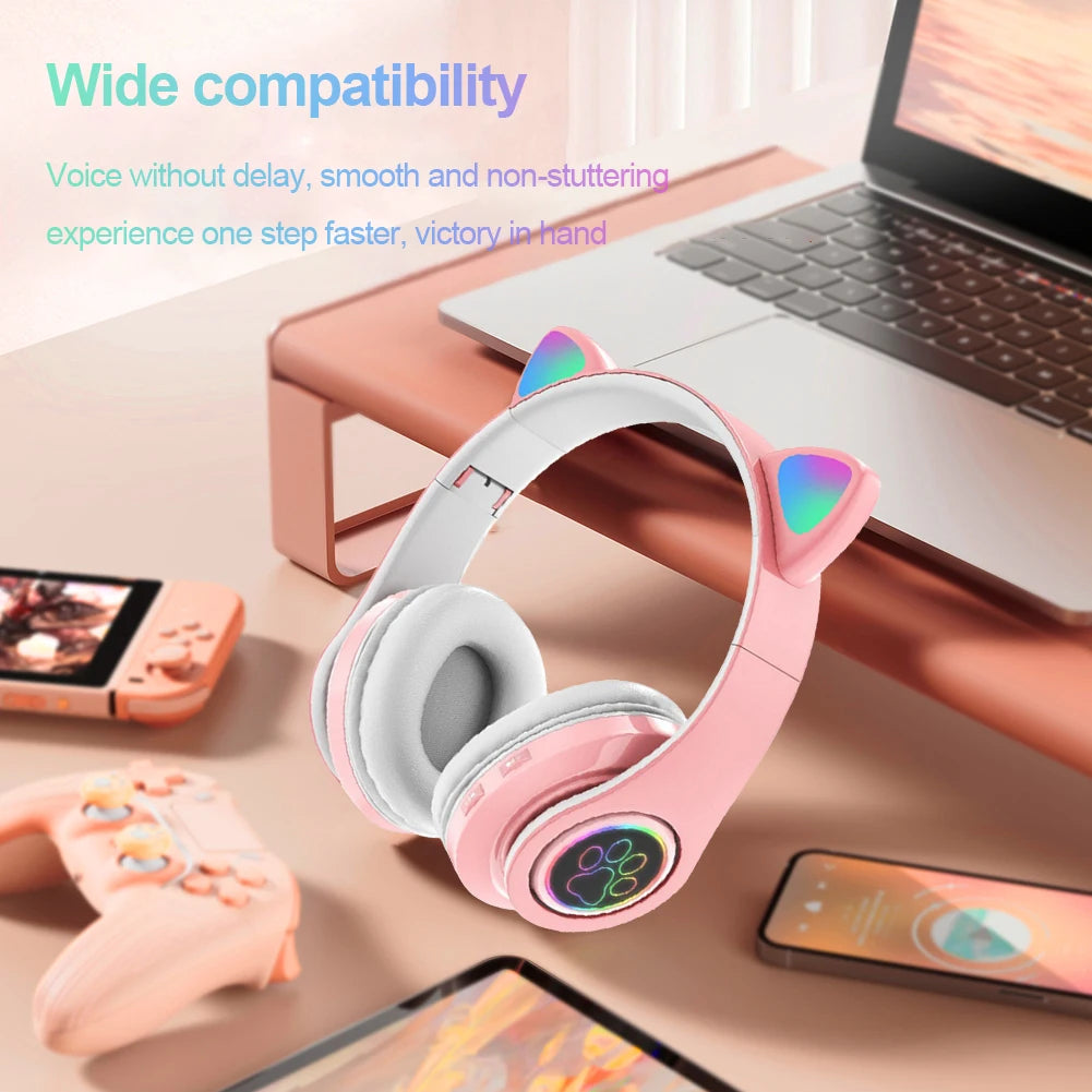 Flash Light Cute Cat Ears Wireless Headphone