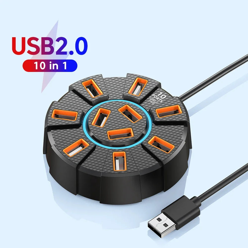 USB 2.0 Hub 10 Ports Multi Splitter Adapter