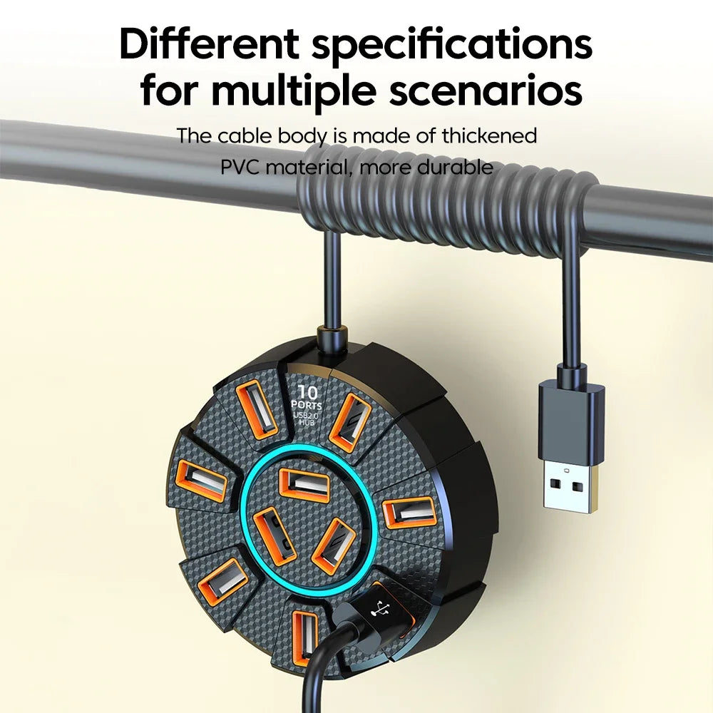 USB 2.0 Hub 10 Ports Multi Splitter Adapter