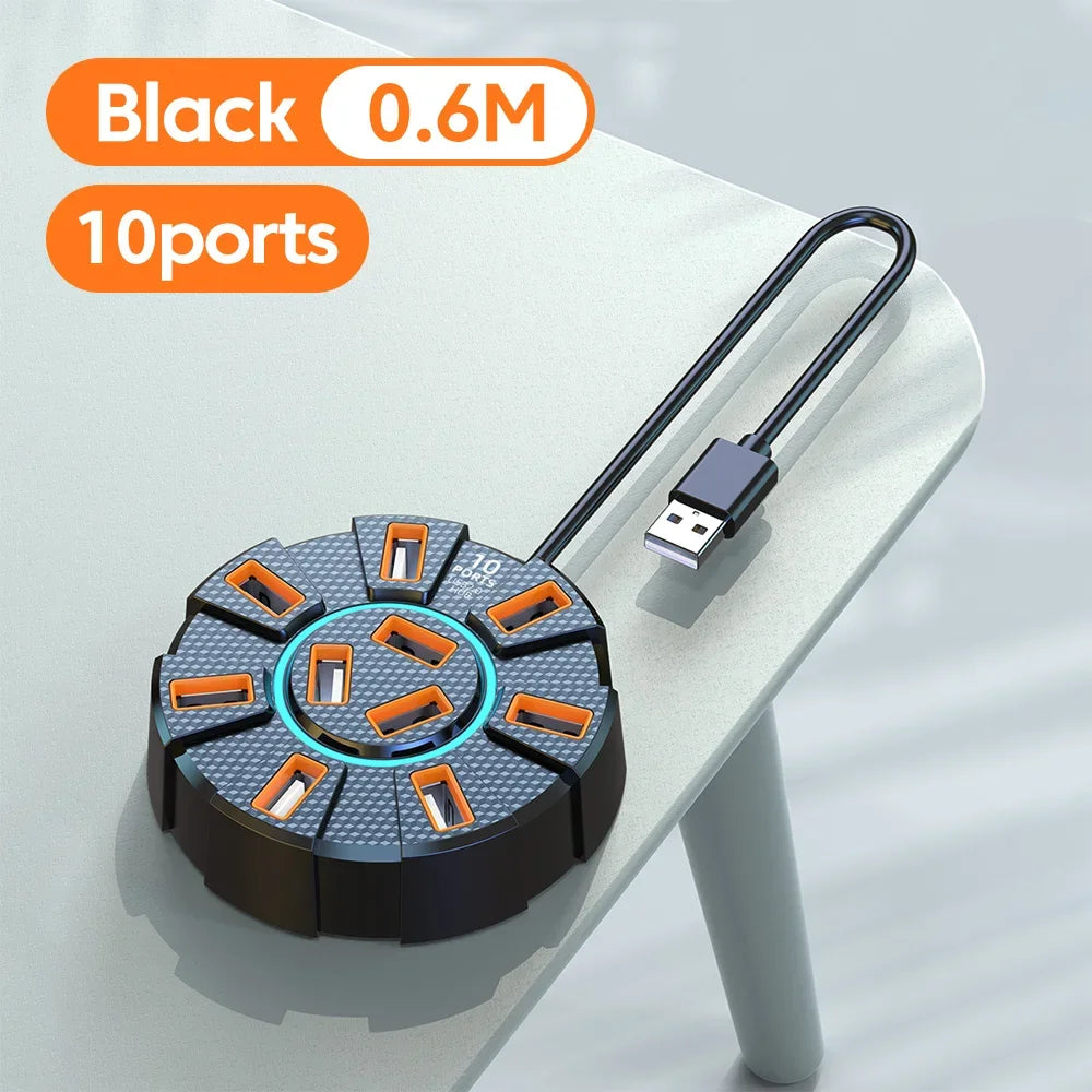 USB 2.0 Hub 10 Ports Multi Splitter Adapter