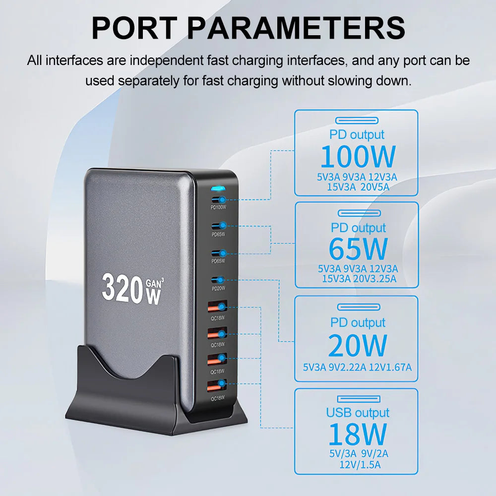 320W 8 Ports Fast Charging Station 4 USB